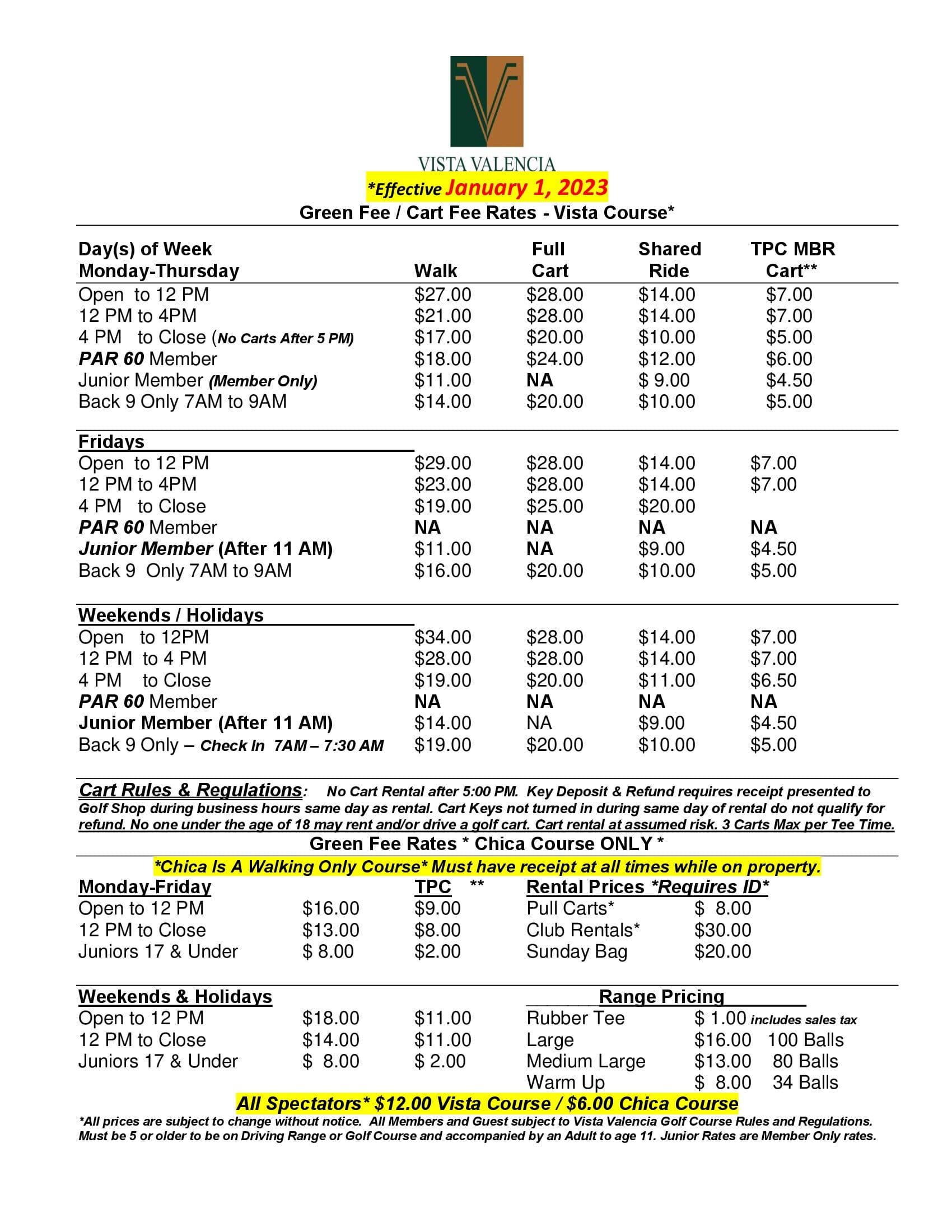 Greens Fees Cart Fees 1.1.2023 Revised 1.9.23 2