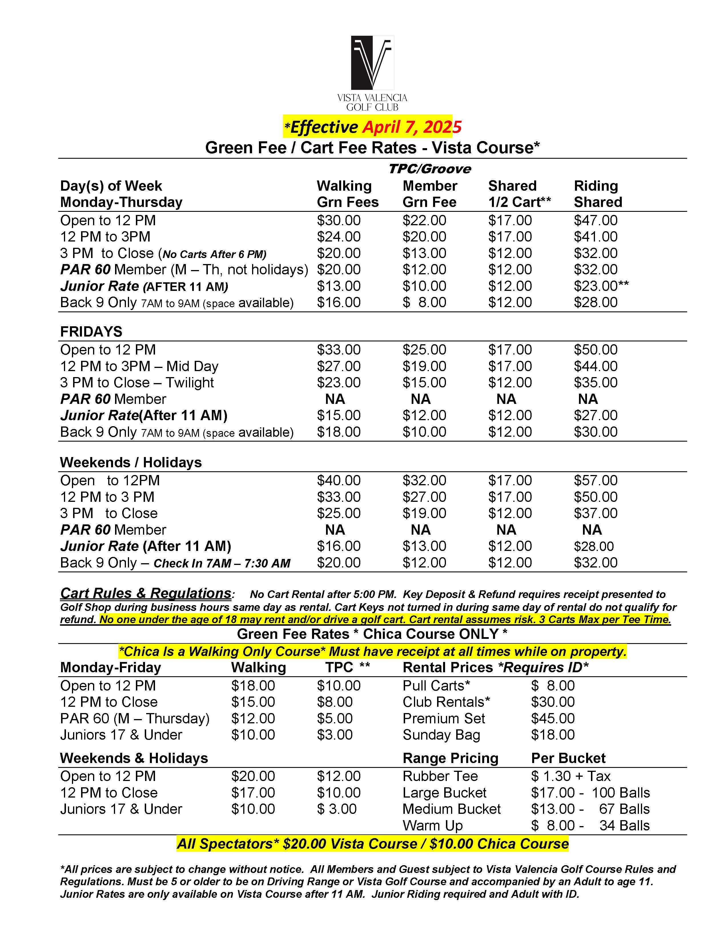 Greens Fees Cart Fees 4.07.25