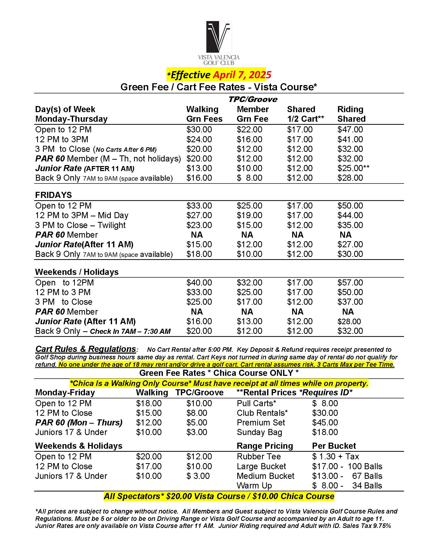 Greens Fees Cart Fees 4.07.25